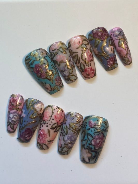 Stained Glass Flowers Press On Nail Set